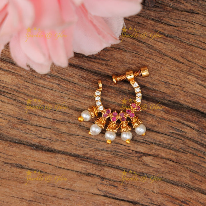 Radiant Imitation Pearl & Gold Nosepin - Festive Elegance