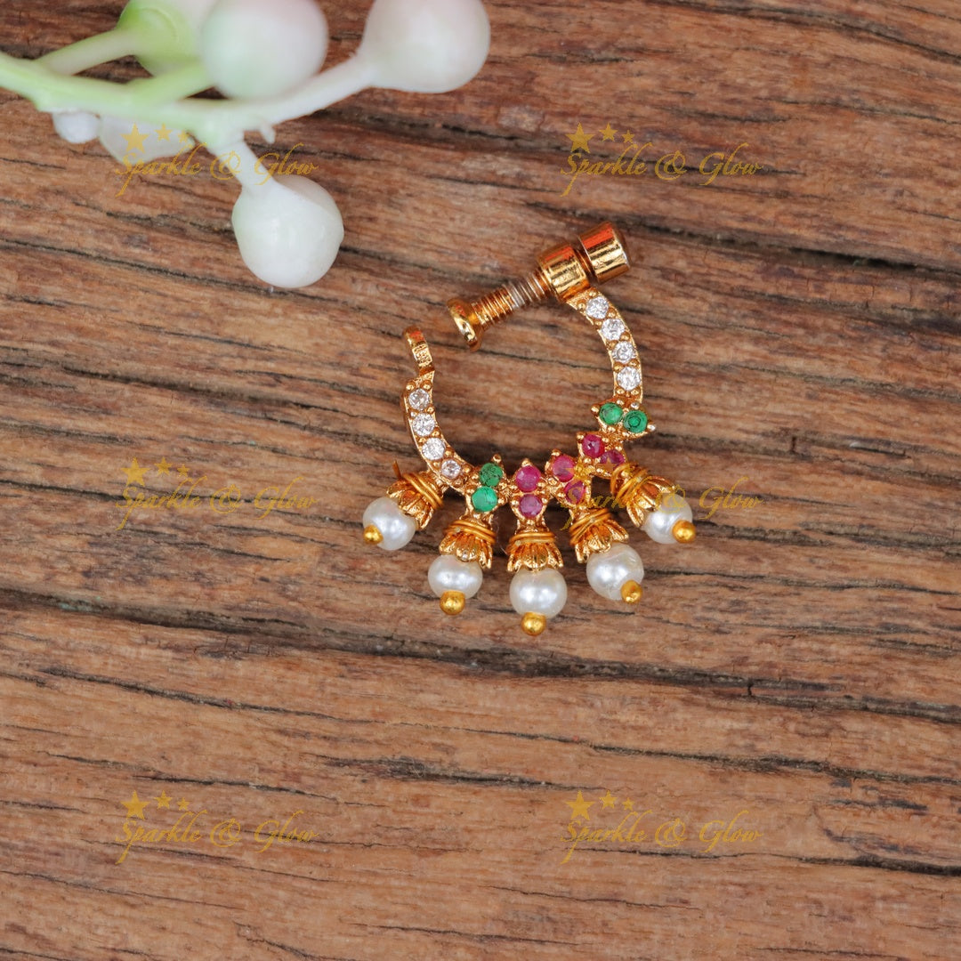 Radiant Imitation Pearl & Gold Nosepin - Festive Elegance