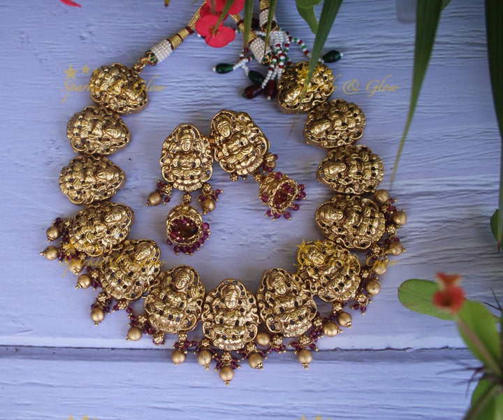Premium quality gold alike polished lakshmi necklace with gold drops - Sparkle and Glow - Gold Pink - Back Thread