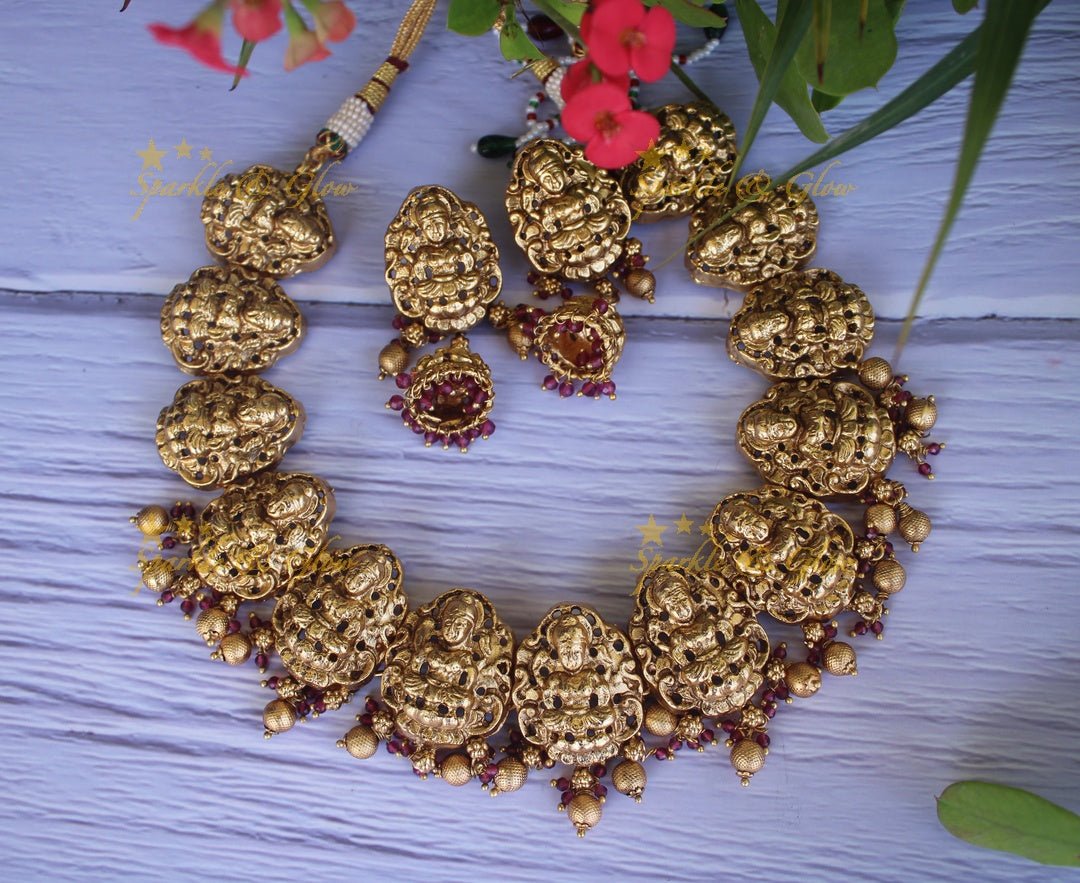 Premium quality gold alike polished lakshmi necklace with gold drops - Sparkle and Glow - Gold - Back Thread