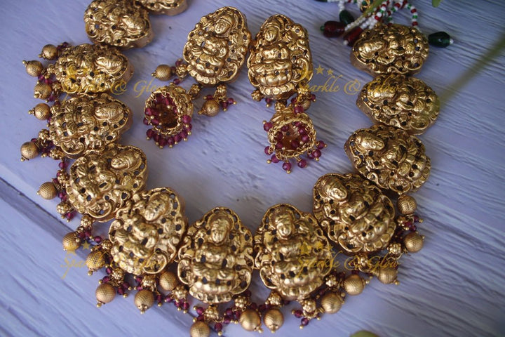Premium quality gold alike polished lakshmi necklace with gold drops - Sparkle and Glow - Gold Pink - Back Thread