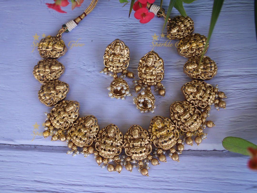 Premium quality gold alike polished lakshmi necklace with gold drops - Sparkle and Glow - Gold Pearl - Back Thread