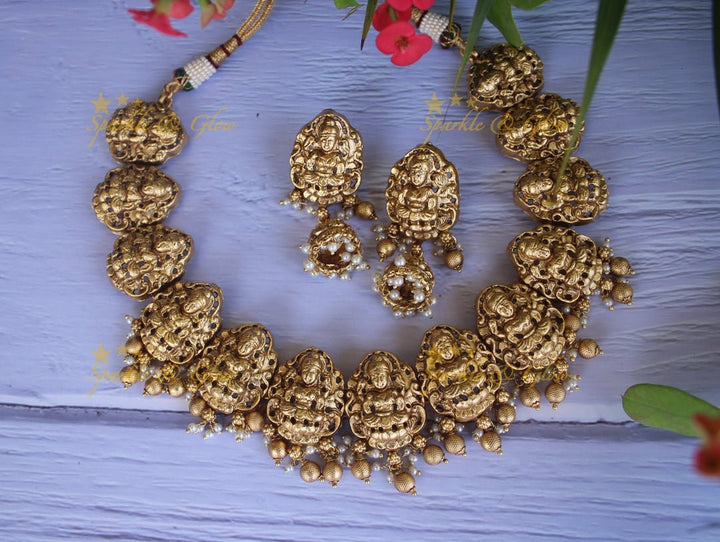 Premium quality gold alike polished lakshmi necklace with gold drops - Sparkle and Glow - Gold Pearl - Back Thread