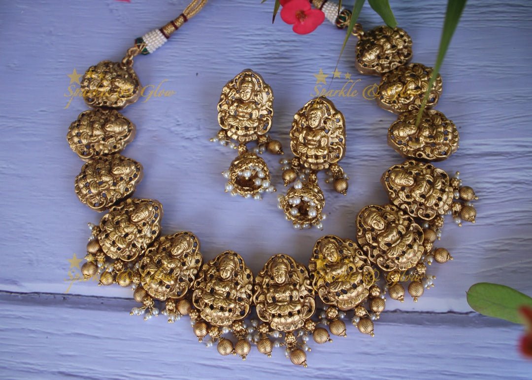 Premium quality gold alike polished lakshmi necklace with gold drops - Sparkle and Glow - Gold Pearl - Back Thread