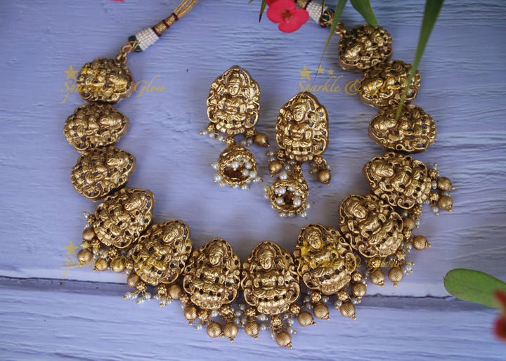 Premium quality gold alike polished lakshmi necklace with gold drops - Sparkle and Glow - Gold Pearl - Back Thread