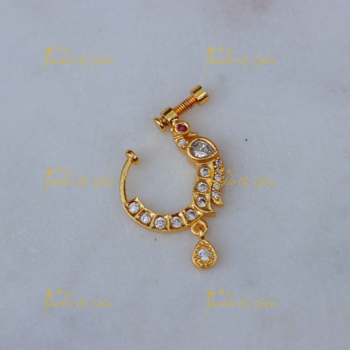 Exquisite Gold Peacock Nose Pin with Stones