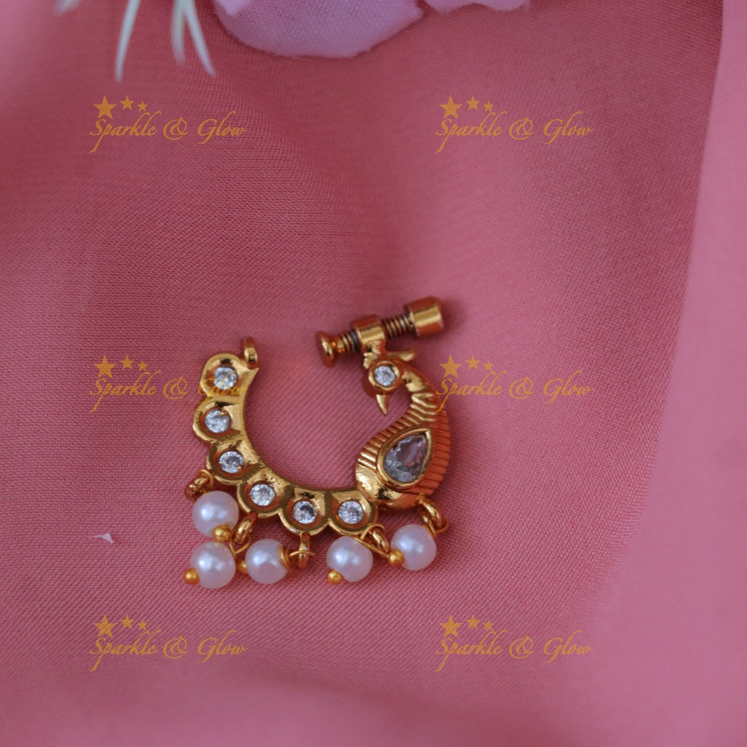 Exquisite Peacock Pearl Nosepin - Festive Elegance