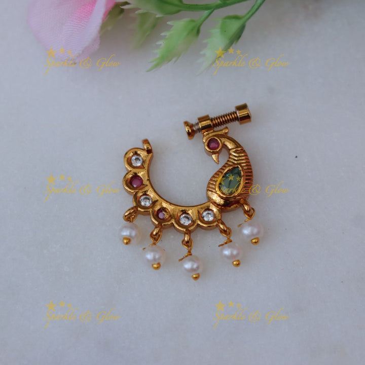 Exquisite Peacock Pearl Nosepin - Festive Elegance