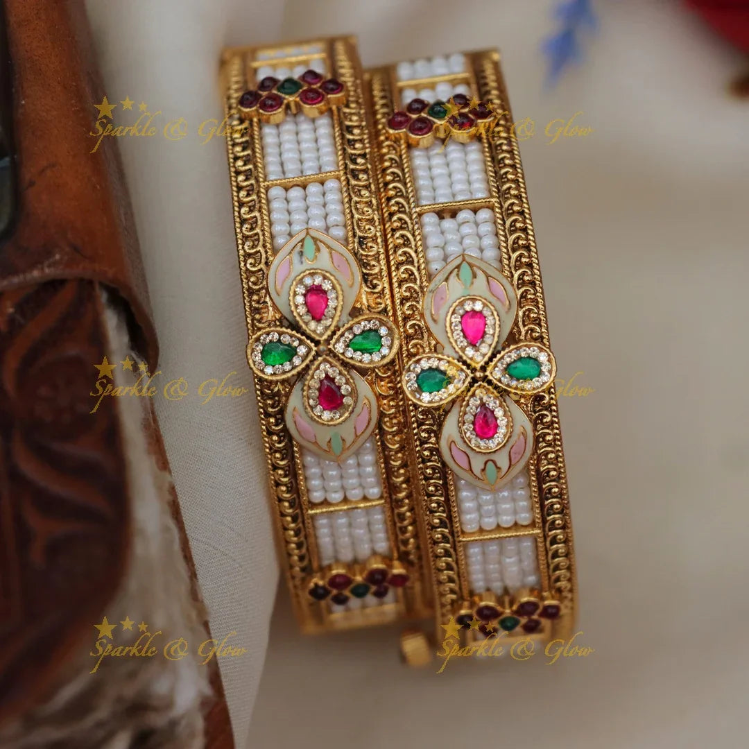Gold Pearl Cluster Bangles - Timeless Elegance