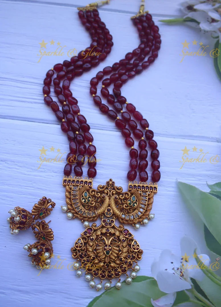 Elegant semi precious beads peacock carved haram - Sparkle and Glow