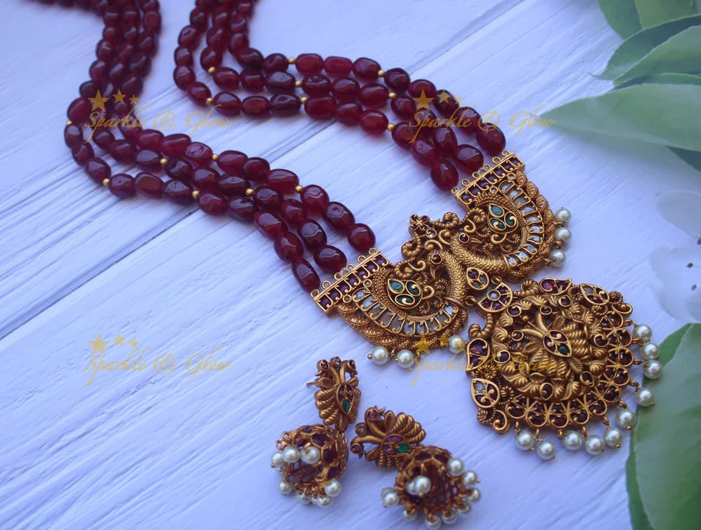 Elegant semi precious beads peacock carved haram - Sparkle and Glow