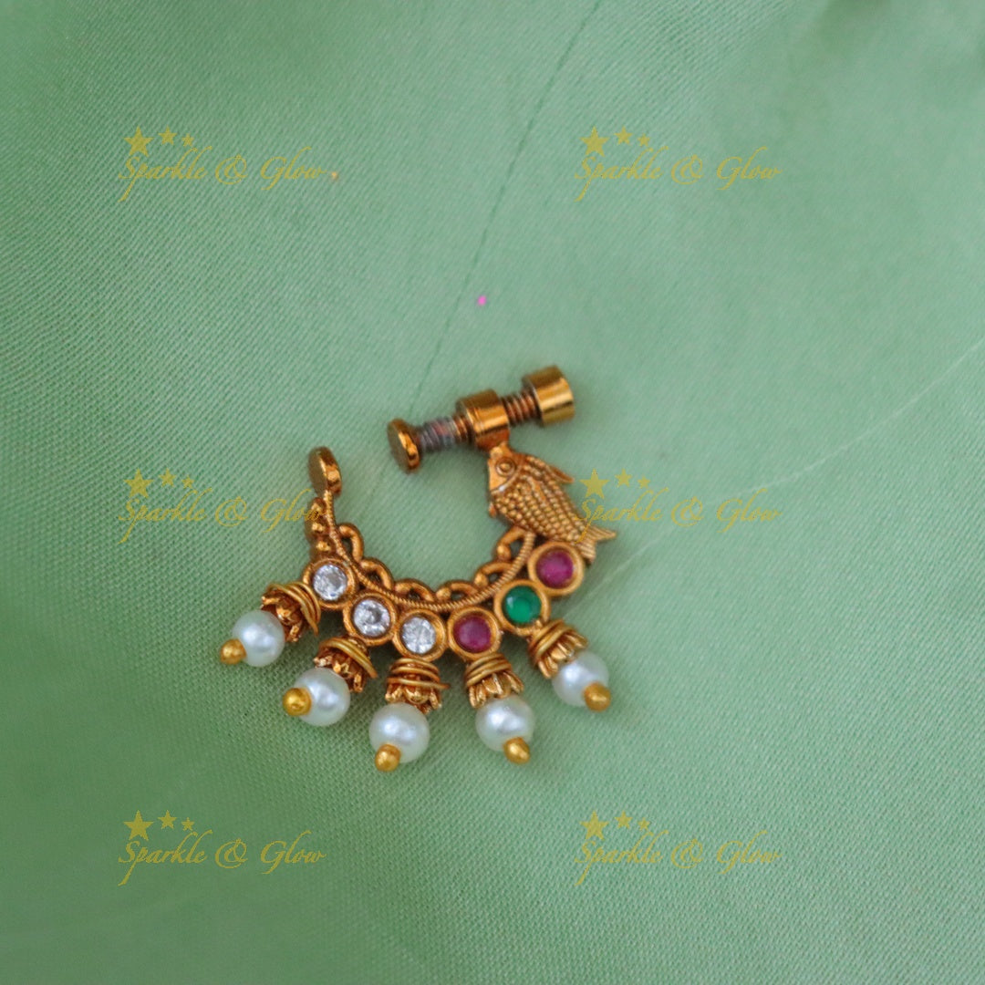 Exquisite Gold Fish Stone Nosepin | Wedding Jewellery