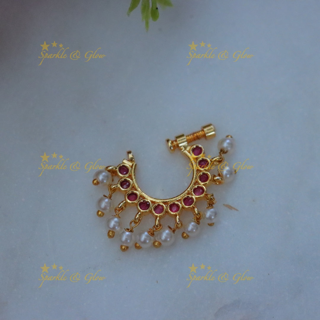 Gold Moon Nosepin with Ruby & Pearl - Sparkle & Glow