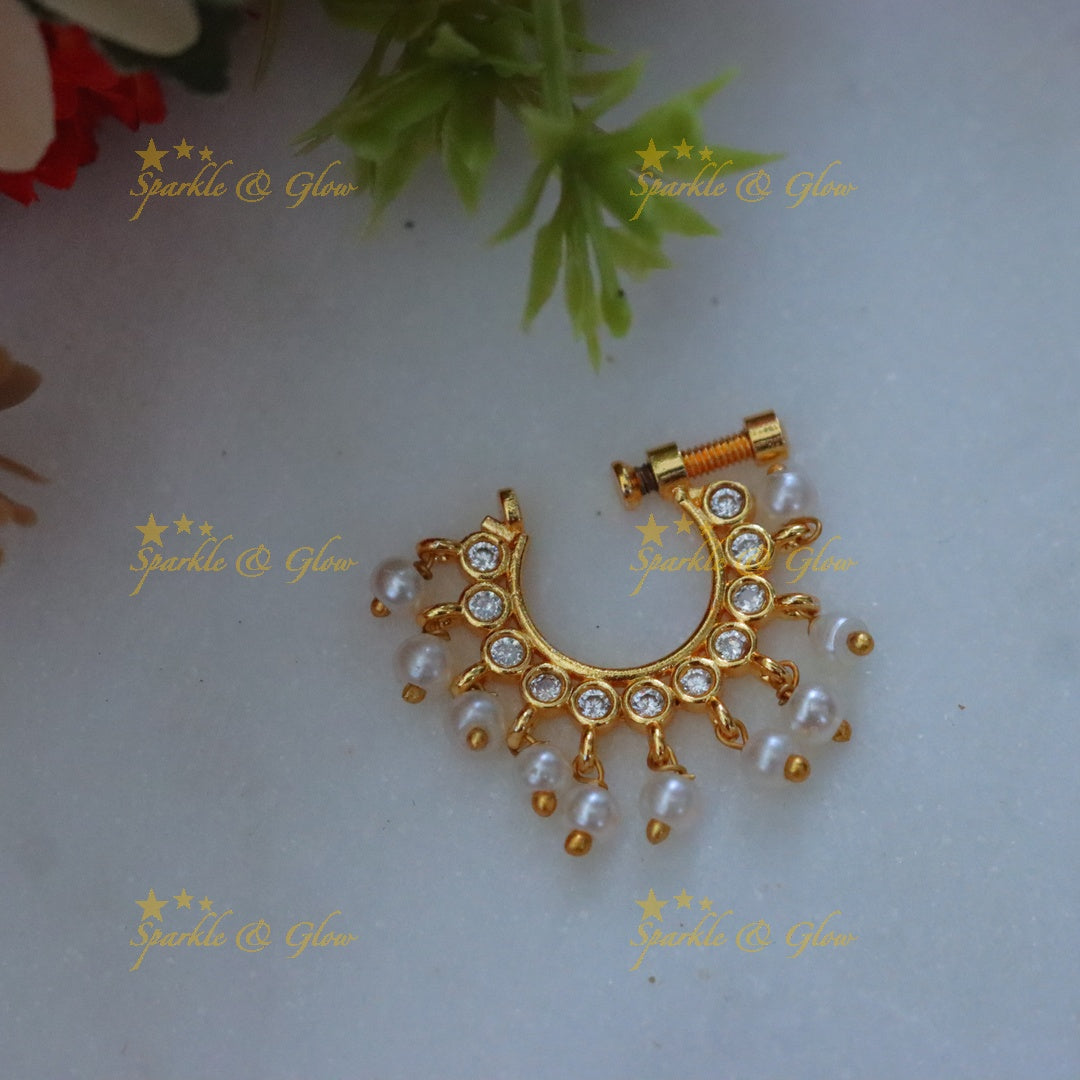 Gold Moon Nosepin with Ruby & Pearl - Sparkle & Glow