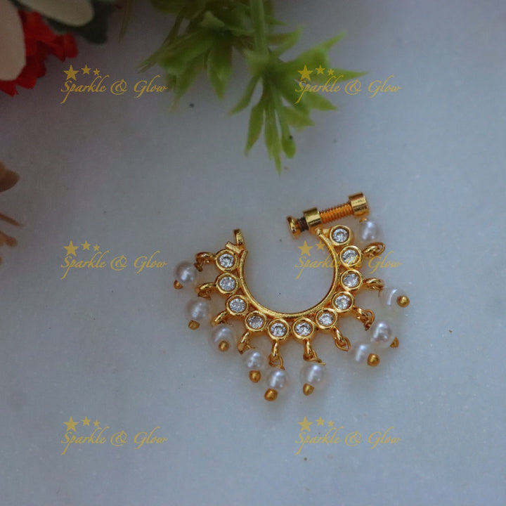 Gold Moon Nosepin with Ruby & Pearl - Sparkle & Glow
