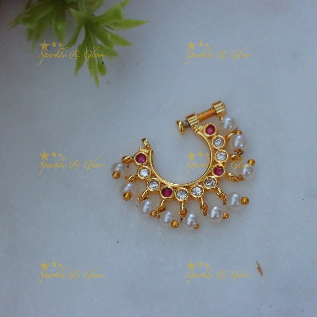 Gold Moon Nosepin with Ruby & Pearl - Sparkle & Glow