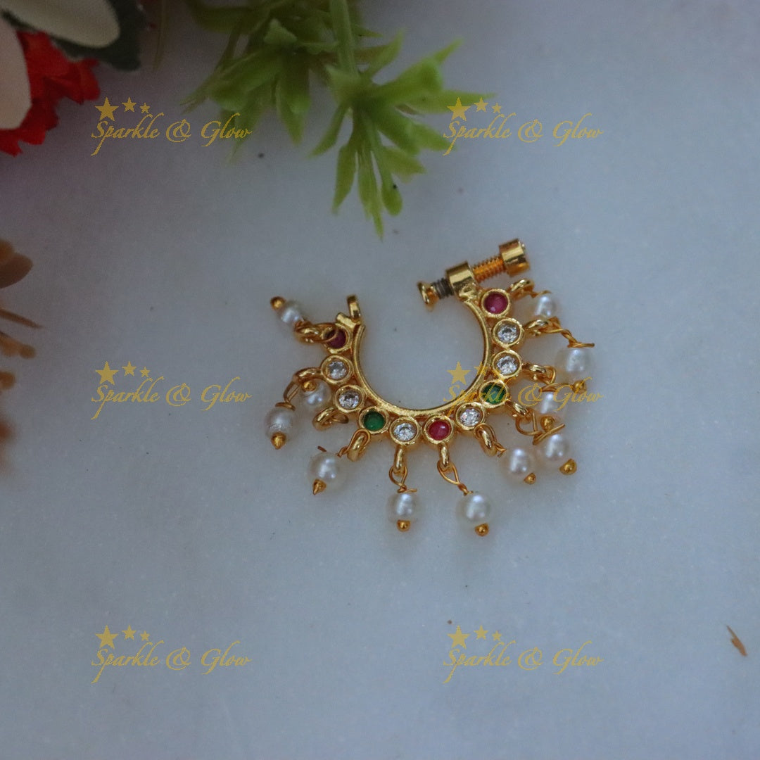 Gold Moon Nosepin with Ruby & Pearl - Sparkle & Glow