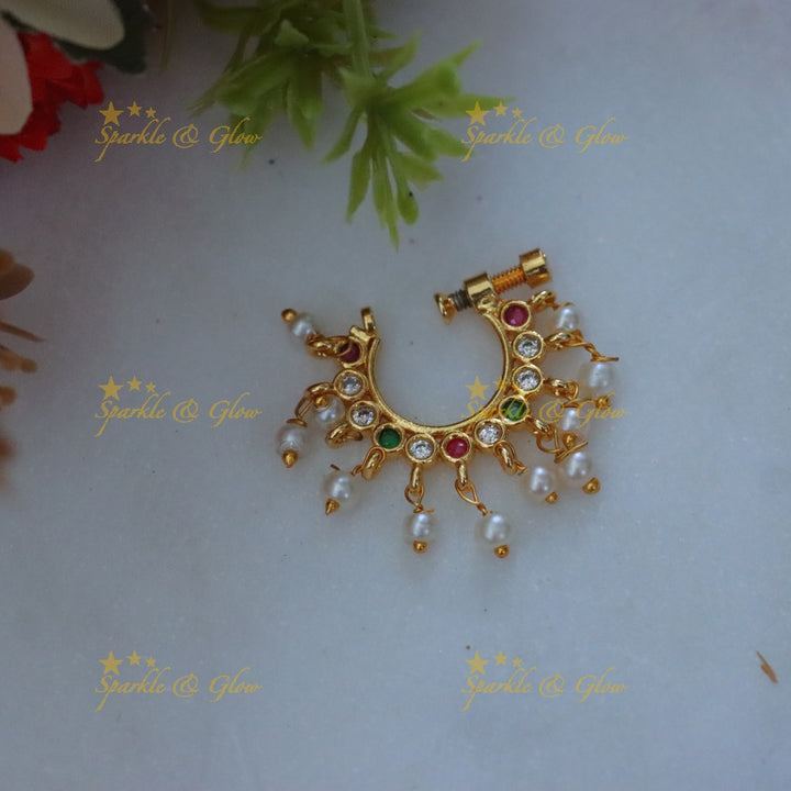 Gold Moon Nosepin with Ruby & Pearl - Sparkle & Glow