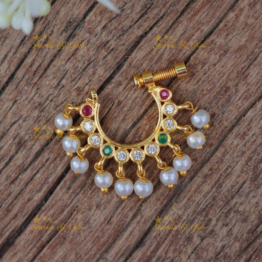 Exquisite Half Moon Stone Pearl Nosepin for Festive Glamour