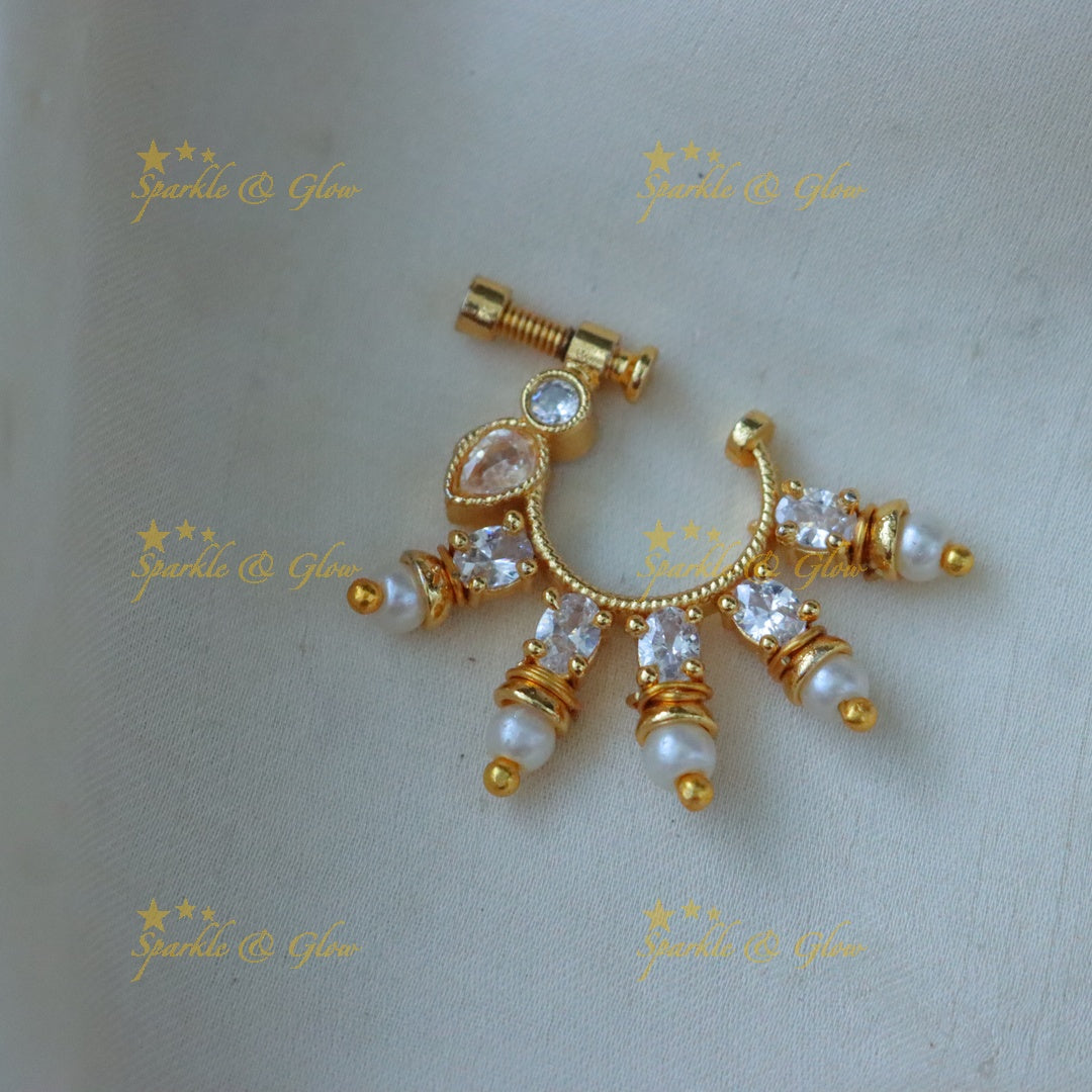 Elegant Gold Leaf Nosepin with Pearls | Sparkle & Glow