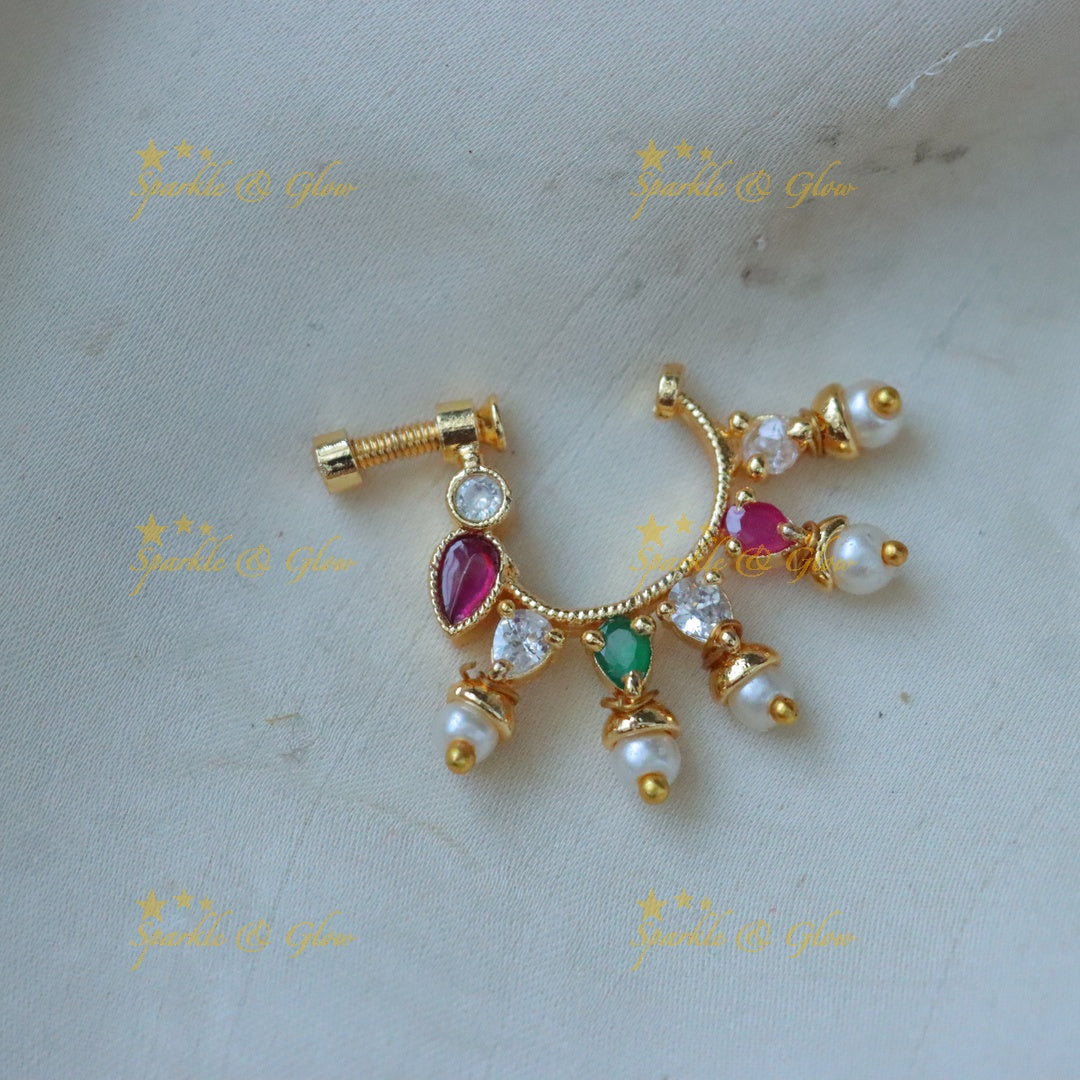 Elegant Gold Leaf Nosepin with Pearls | Sparkle & Glow