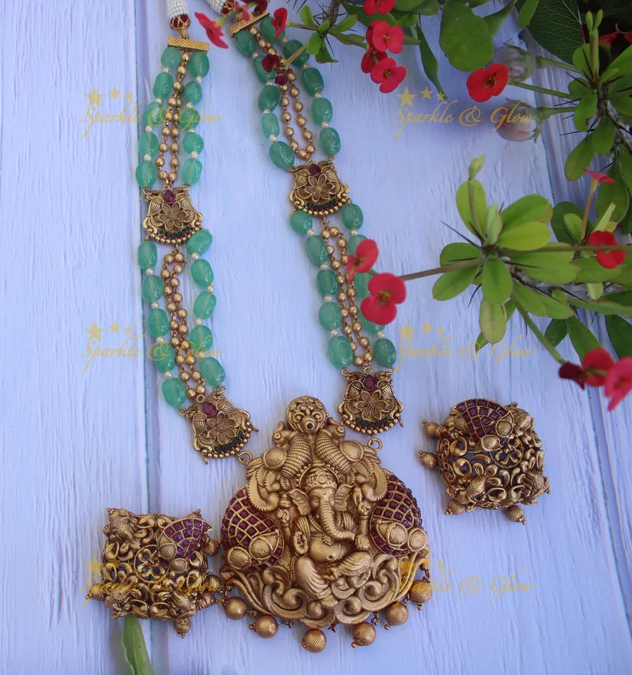 Statement Green semi precious stone gold alike Ganesha haram - Sparkle and Glow