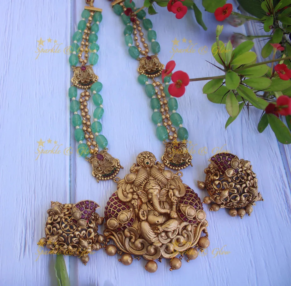 Statement Green semi precious stone gold alike Ganesha haram - Sparkle and Glow