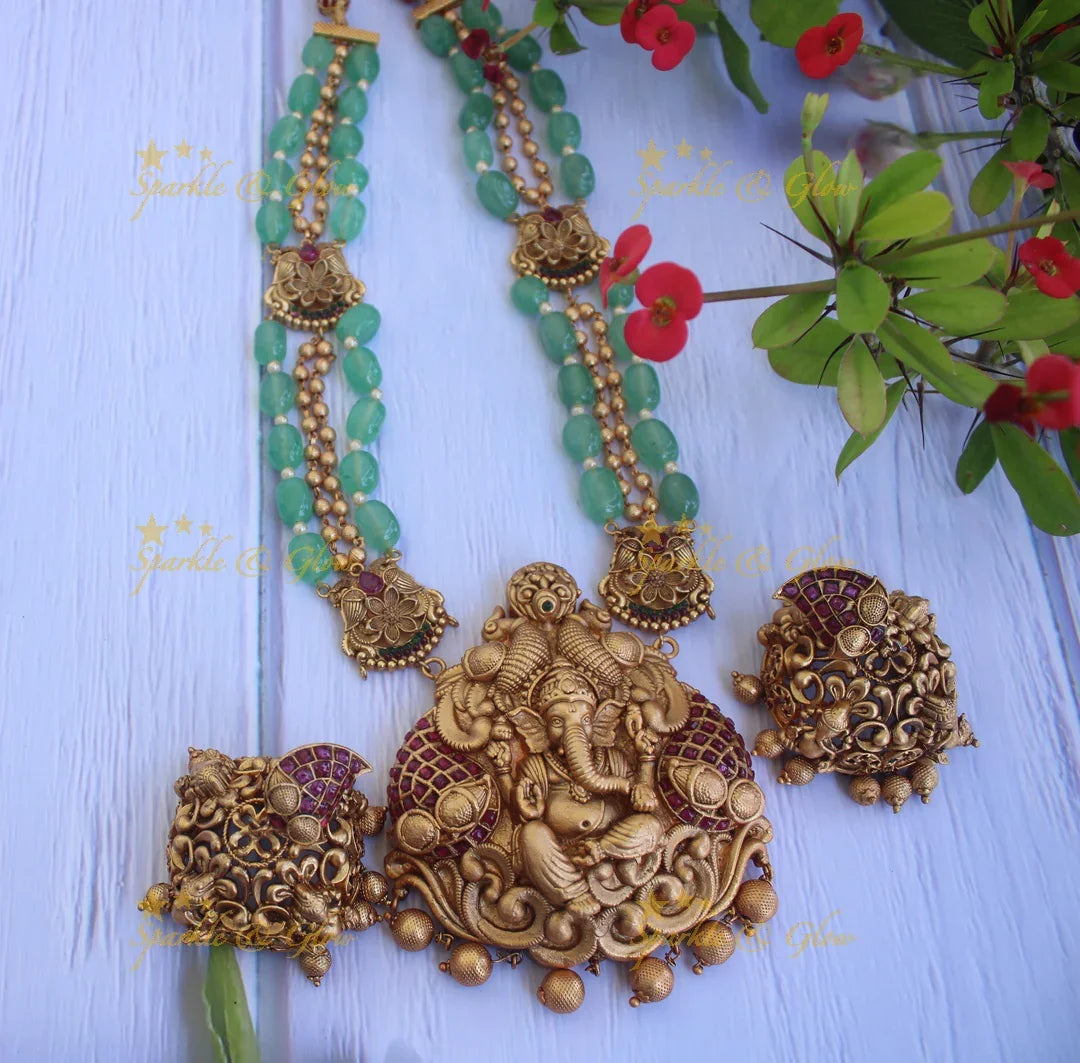Statement Green semi precious stone gold alike Ganesha haram - Sparkle and Glow