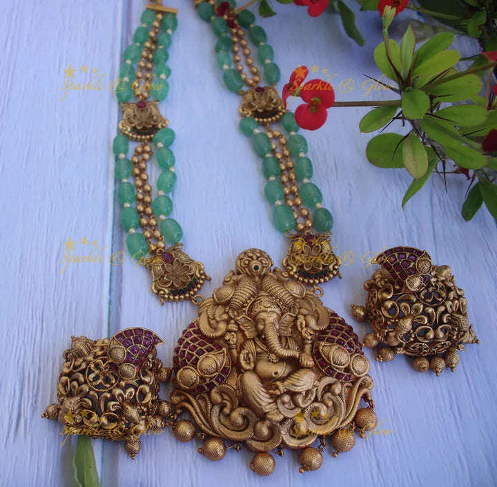 Statement Green semi precious stone gold alike Ganesha haram - Sparkle and Glow
