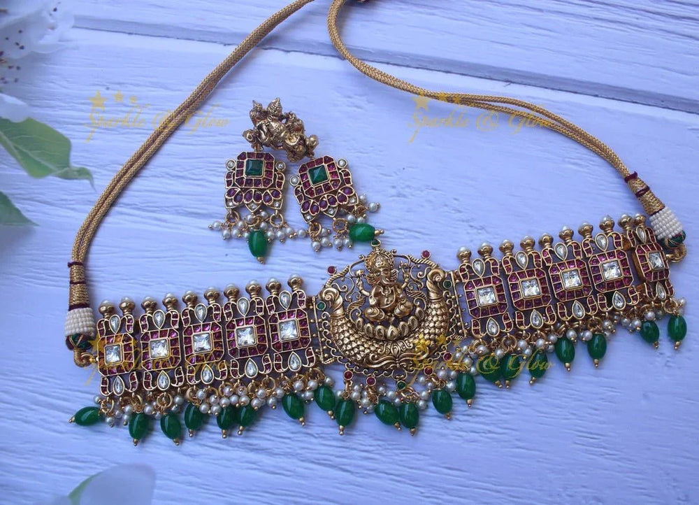 Elegant Kemp Ganesha carved choker with Gold beads - Sparkle and Glow