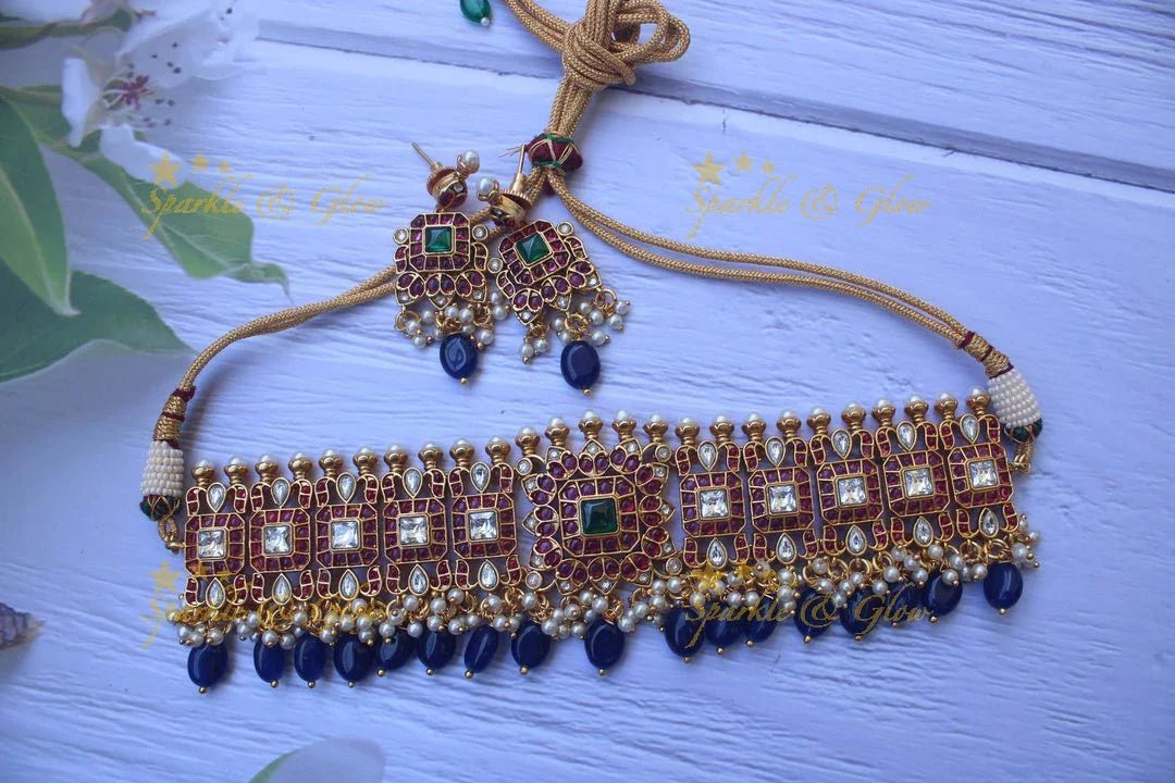 Real kemp stones gold alike gutta pusalu high neck choker -Green Beads - Sparkle and Glow