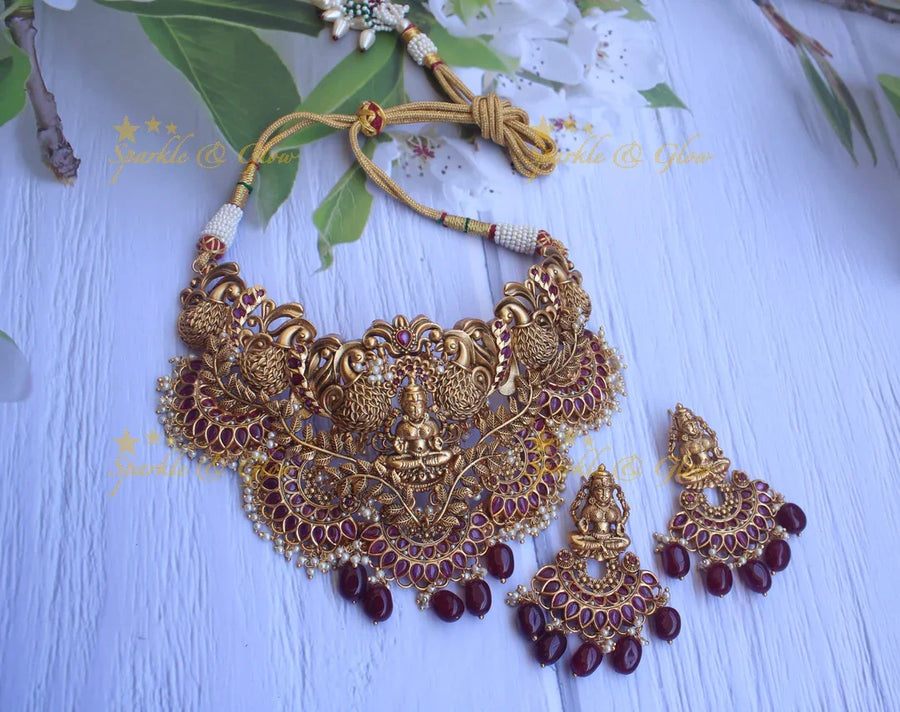 Gold alike intricate work lakshmi choker with pink beads - Sparkle and Glow