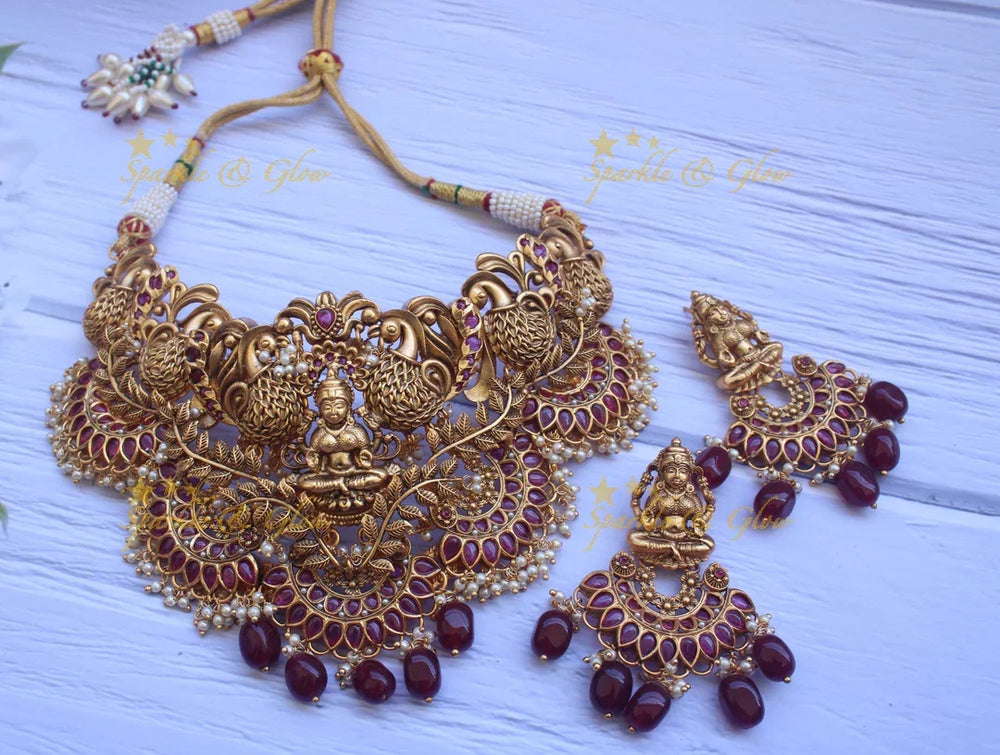 Gold alike intricate work lakshmi choker with pink beads - Sparkle and Glow