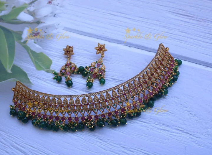 AD stones premium antique non idol choker - Sparkle and Glow