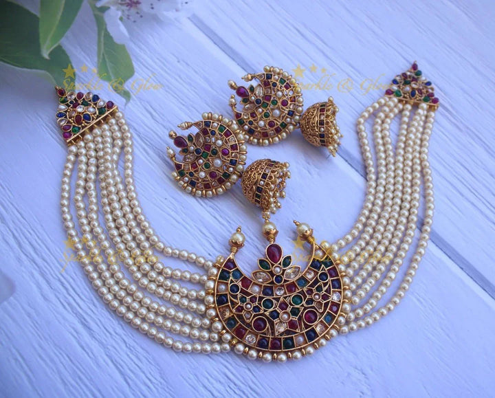 Real Kemp half moon pearl seven line choker - Red - Sparkle and Glow