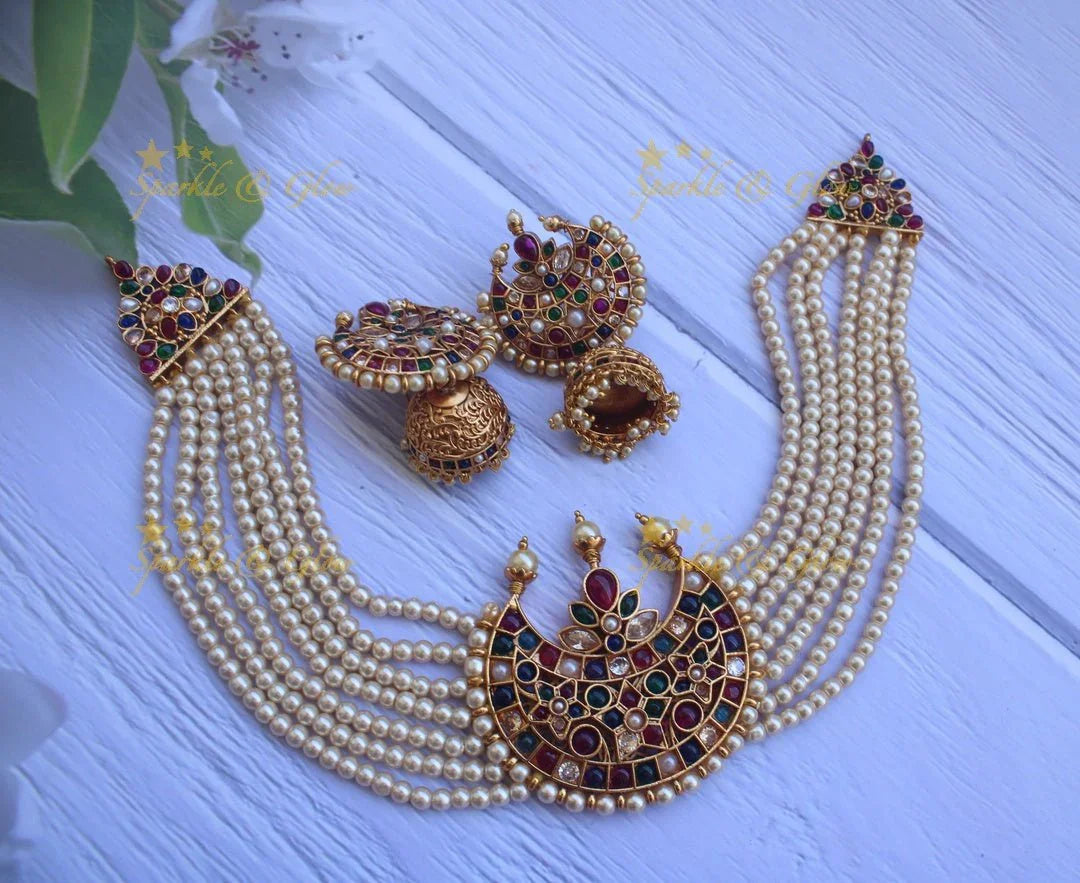 Real Kemp half moon pearl seven line choker - Red - Sparkle and Glow