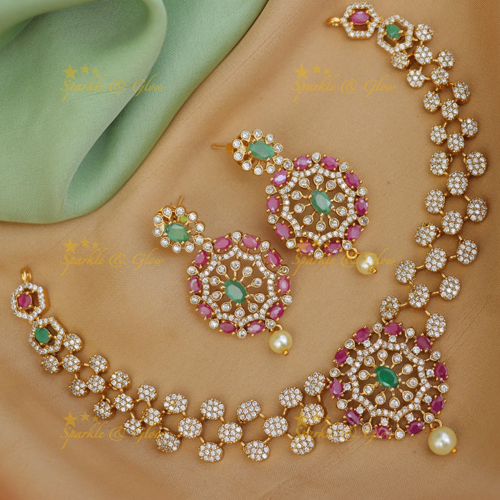 Exquisite Floral Necklace with American Diamonds