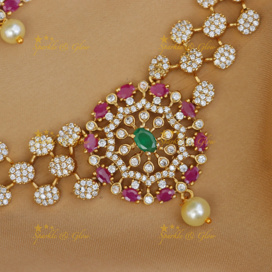 Exquisite Floral Necklace with American Diamonds
