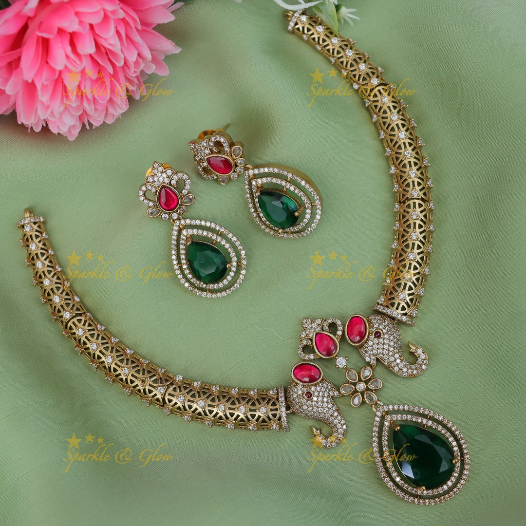 Dual Tone Elephant Hasli Necklace with Elegant Earrings