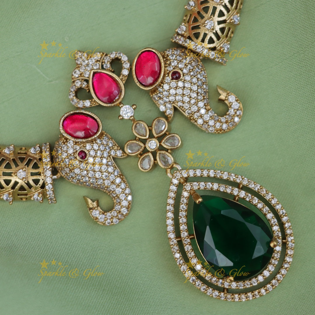 Dual Tone Elephant Hasli Necklace with Elegant Earrings