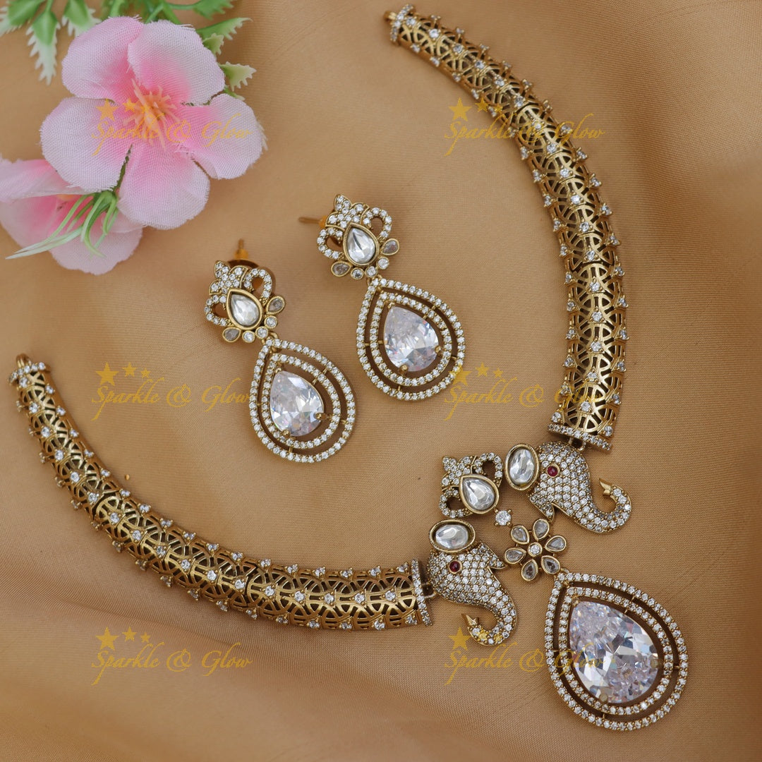 Dual Tone Elephant Hasli Necklace with Elegant Earrings