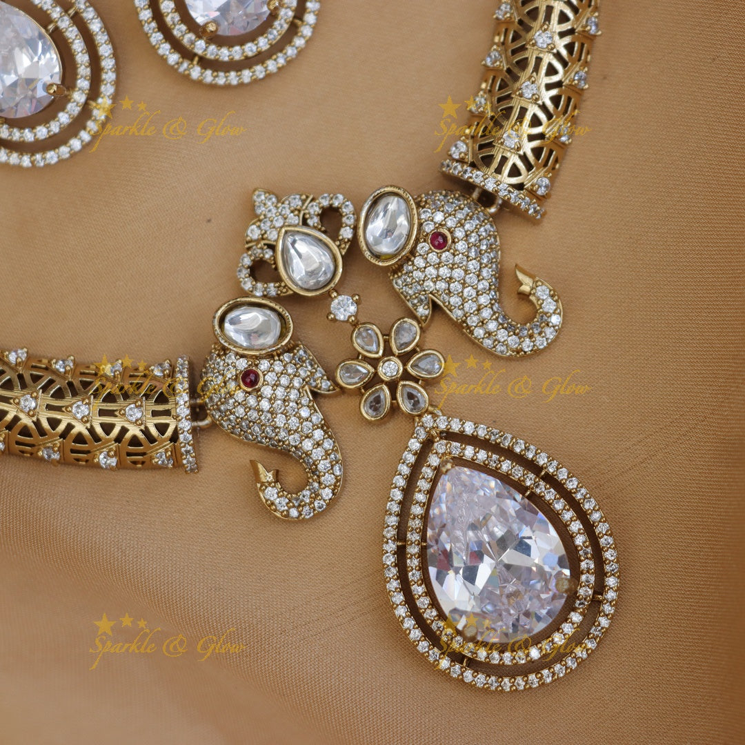 Dual Tone Elephant Hasli Necklace with Elegant Earrings