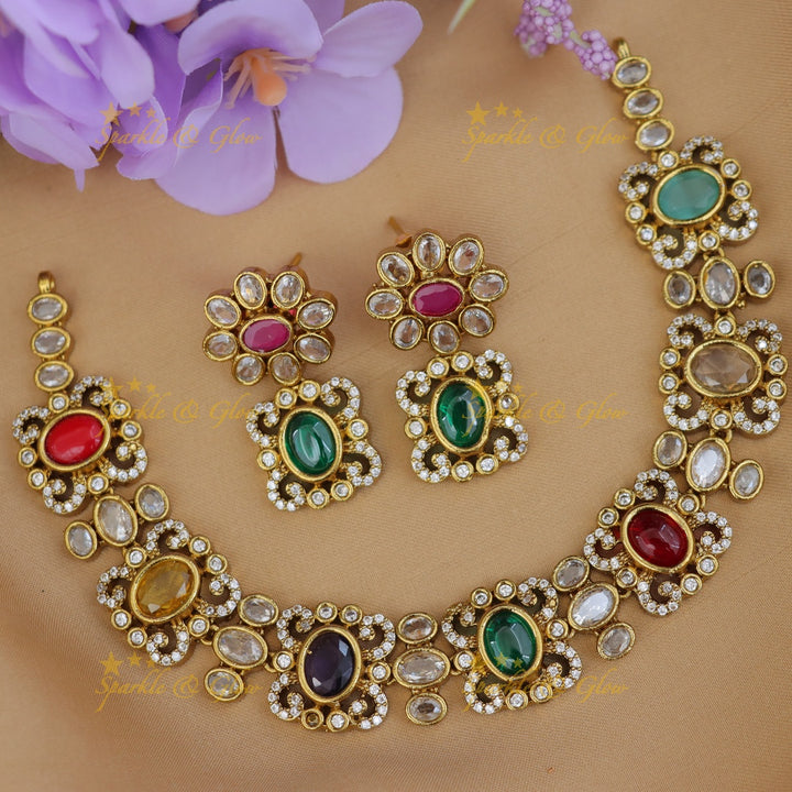 Exquisite Navarathna Gold Necklace Set for Bridal Elegance