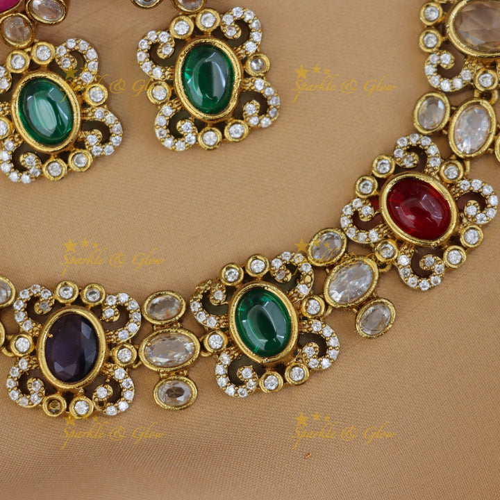 Exquisite Navarathna Gold Necklace Set for Bridal Elegance