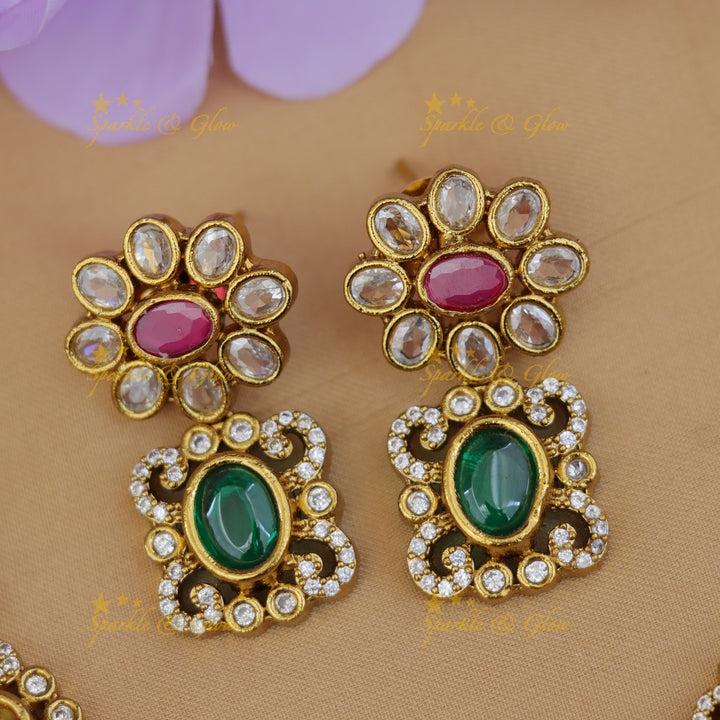 Exquisite Navarathna Gold Necklace Set for Bridal Elegance