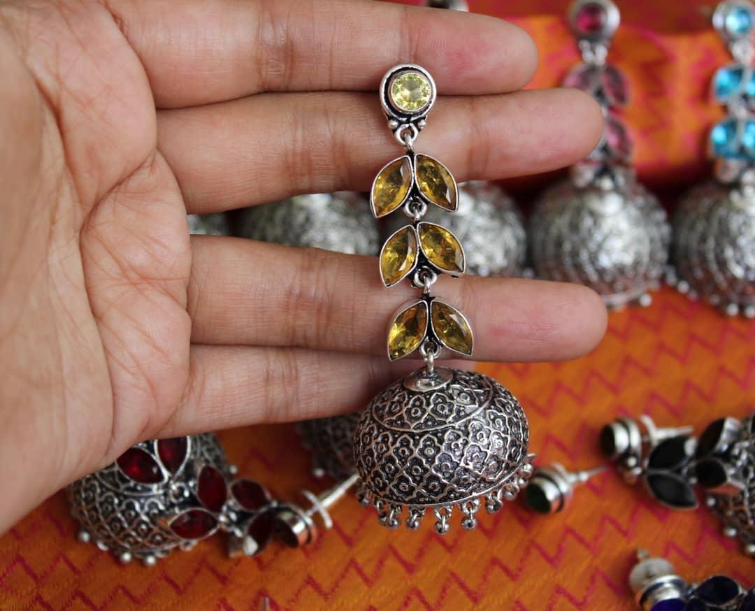 Yellow Long Leaf Stone Jhumukas Earrings