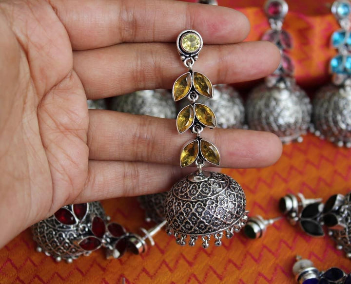 Yellow Long Leaf Stone Jhumukas Earrings