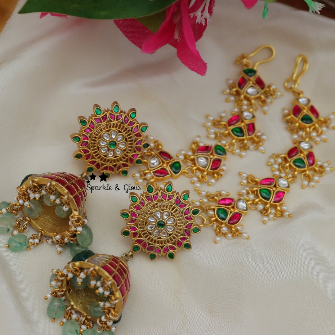 Elegant Jadau Kundan Earrings & Earchain Combo