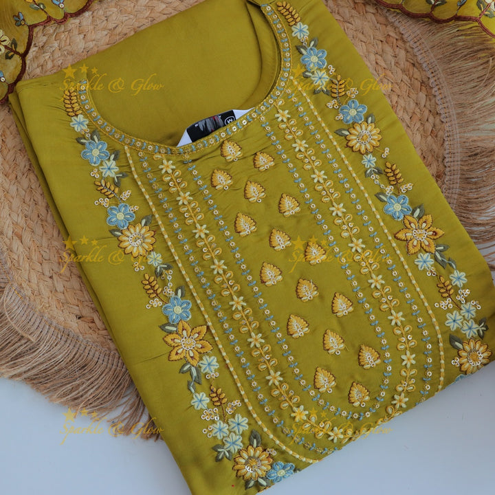 Beautiful Modal Silk Kurti pant with Organza Dupatta set- Mustard Yellow
