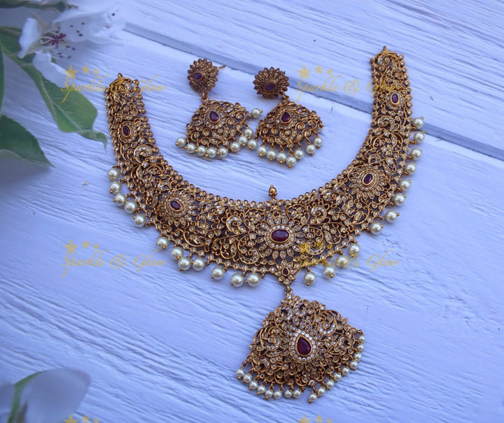 Premium matte Ad intricate necklace - Sparkle and Glow - Pink - Pearl - Back Thread